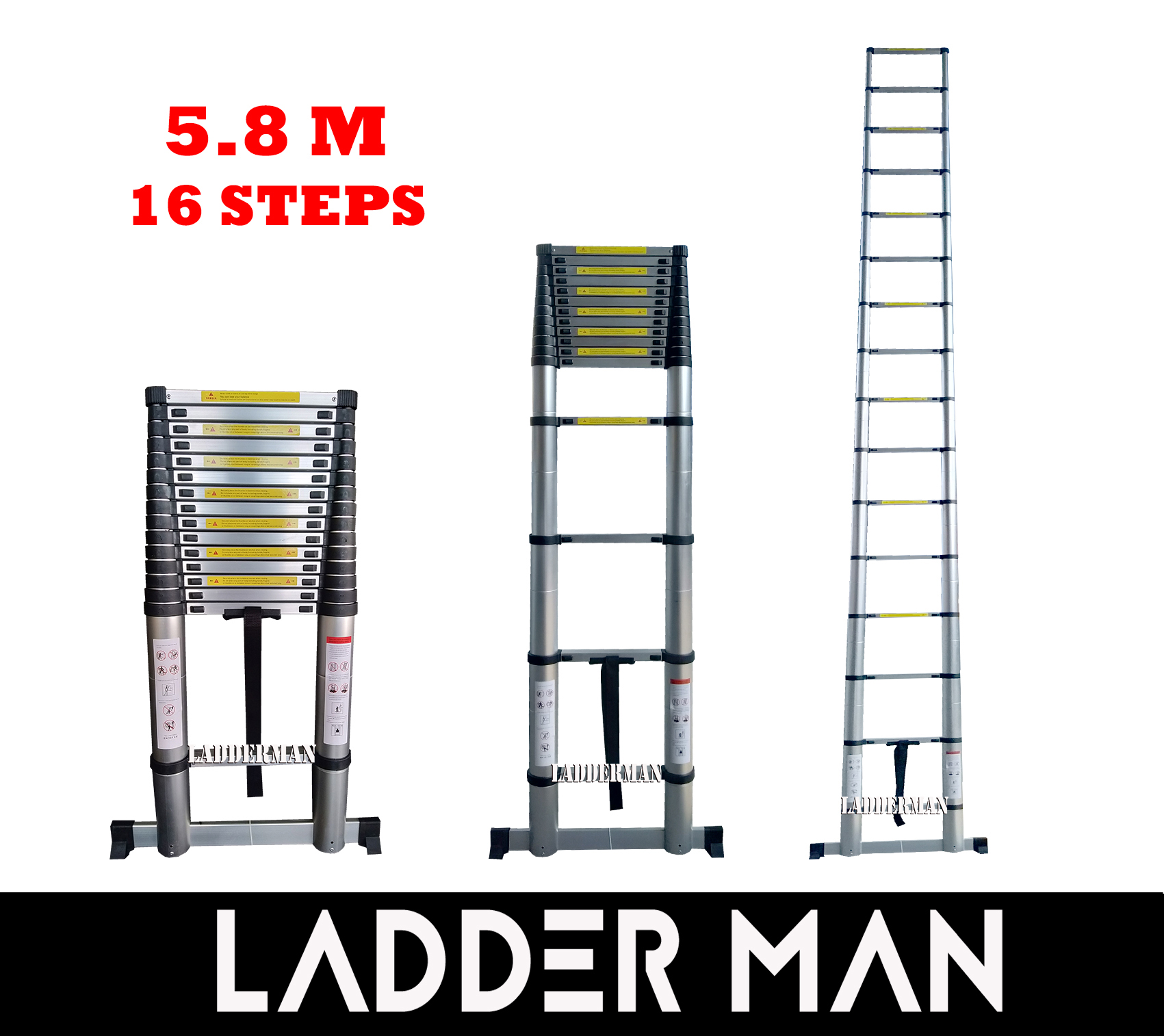 HIGH QUALITY ALUMINIUM TELESCOPIC EXTENDABLE LADDER 5.8M WITH 16 STEPS